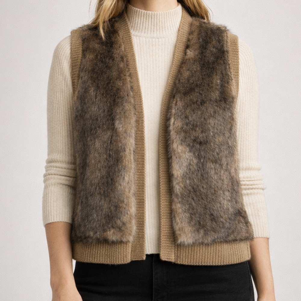 Twik by Simons Faux Fur Knit Open-Front Vest Taupe/Gray P/S Cozy Layering